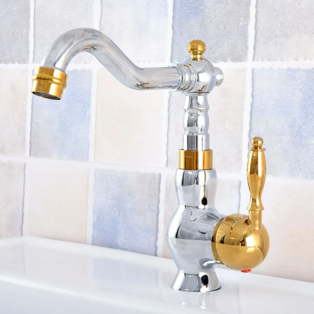 

Polished Chrome & Gold Color Brass Bathroom Basin Sink Faucet Mixer Tap Swivel Spout Single Handle One Hole Deck Mounted tsf809