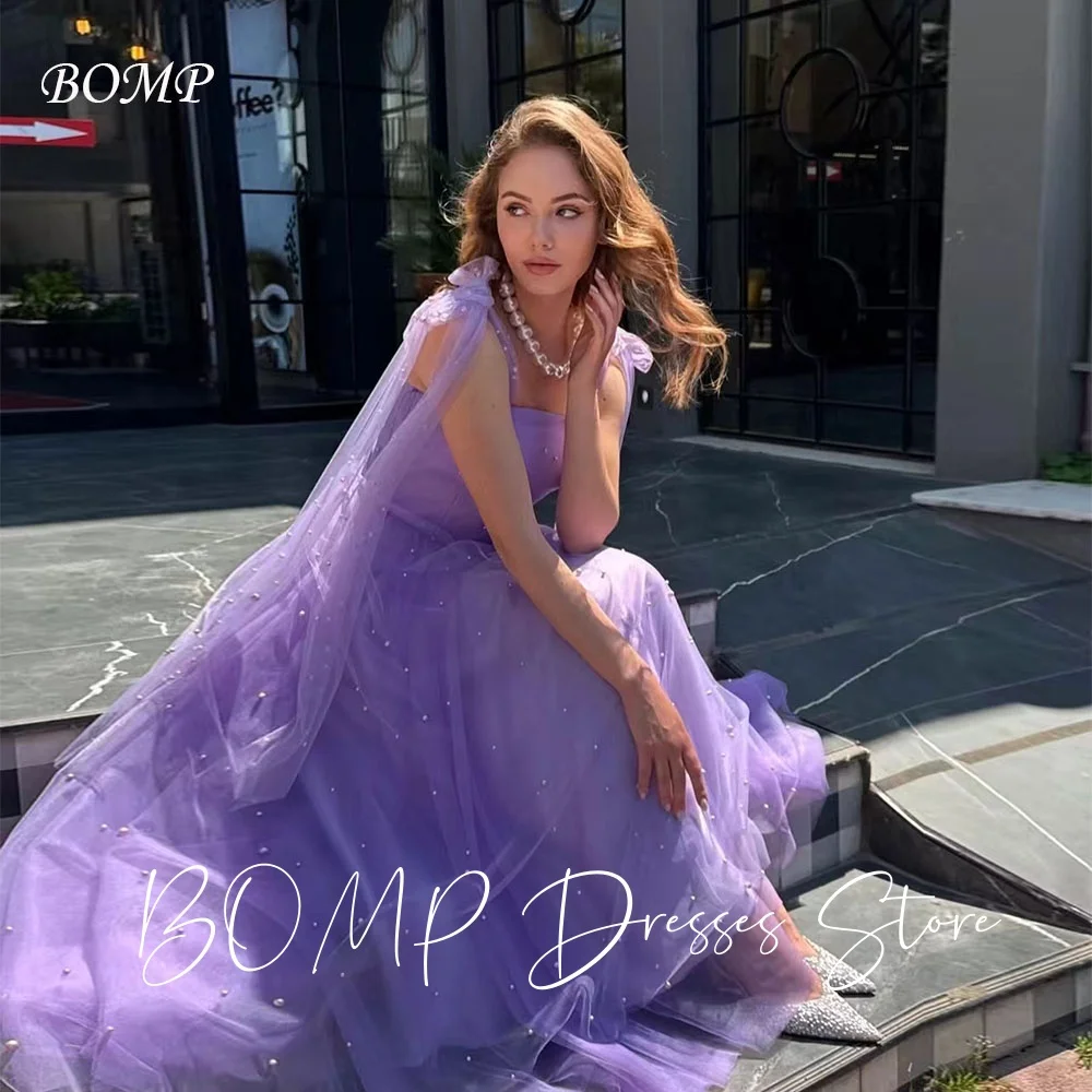 

BOMP Princess Beads Wedding Party Dresses Blue Tulle Bow Ribbons Spaghetti Strap A-Line Evening Gown Birthday Dress Customized