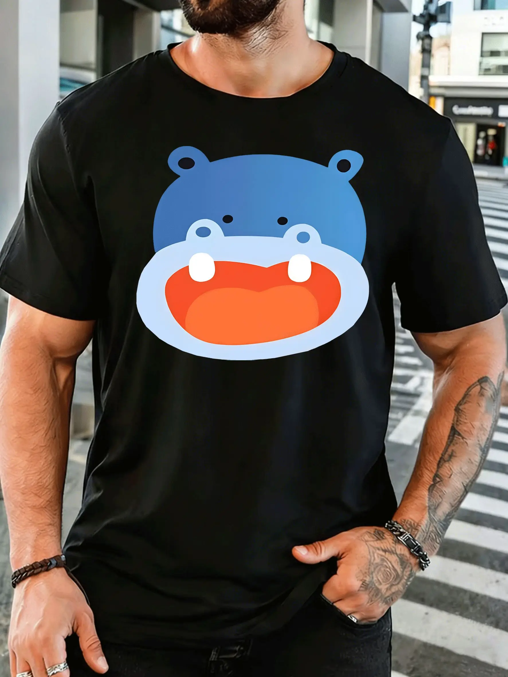 Cute Blue Hippopotamus Head Mens Front Print T Shirt Smiling Cartoon Hippo Graphic Tee Casual Short Sleeve Top Animal Fan Gift
