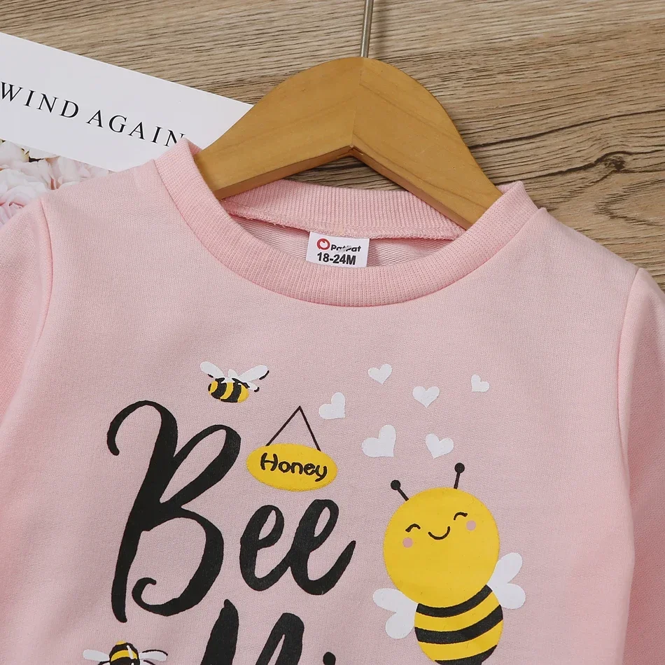 PatPat Toddler Girl Letter Bee Print Casual Pullover Sweatshirt Soft and Comfortable  Perfect for Outings and Daily Wear