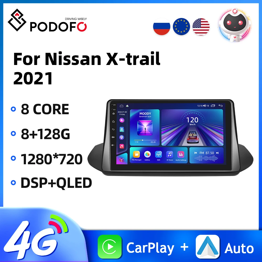 Podofo AI Voice Car Stereo For Nissan X-trail 2021 2Din Multimedia Player WIFI 4G GPS Navigation Carplay Android Auto Car Audio