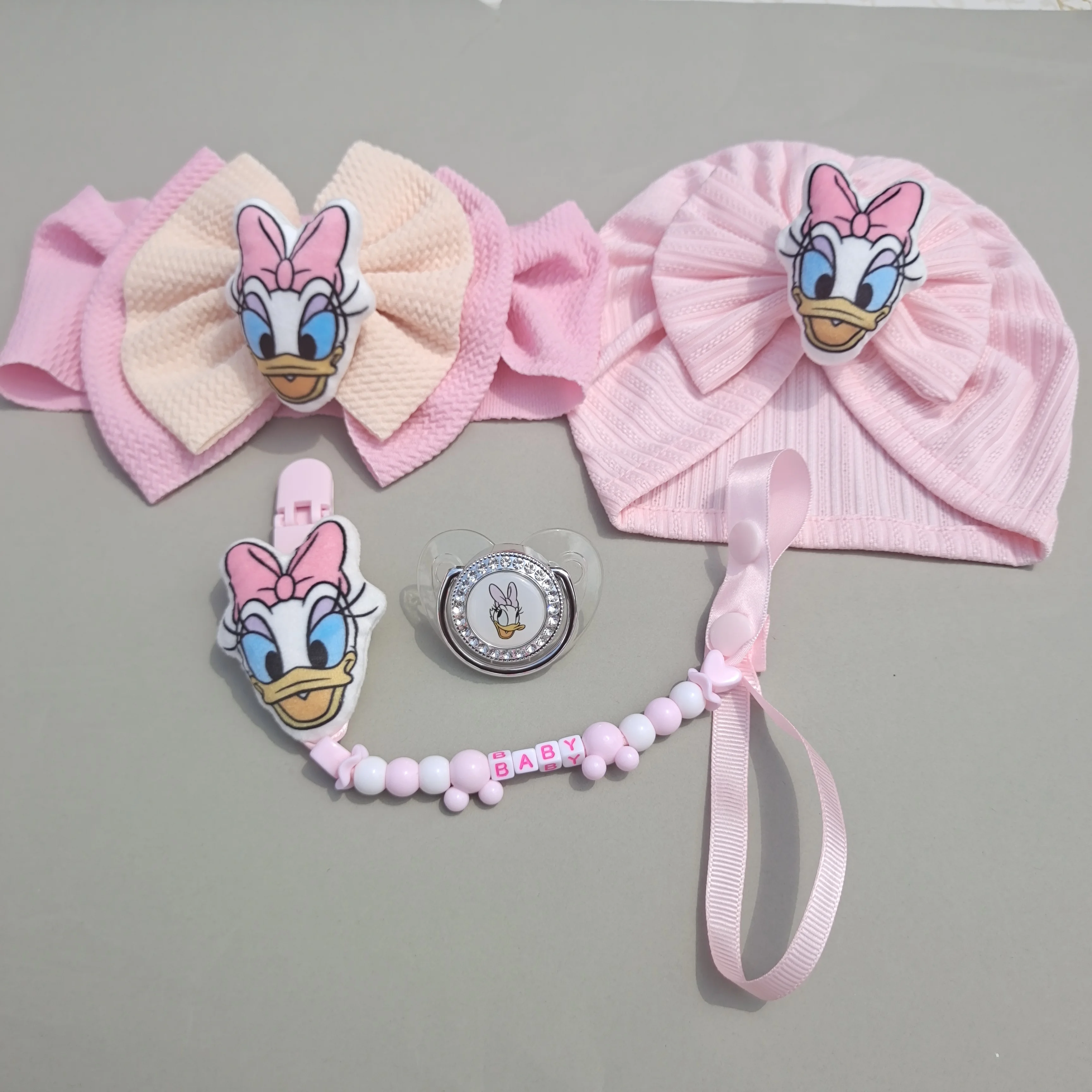 Disney Cartoon Solid Bow Cotton Newborn Caps for Kids Toddler Infant Hair Accessories Newborn Photography Customized Dummy Clip