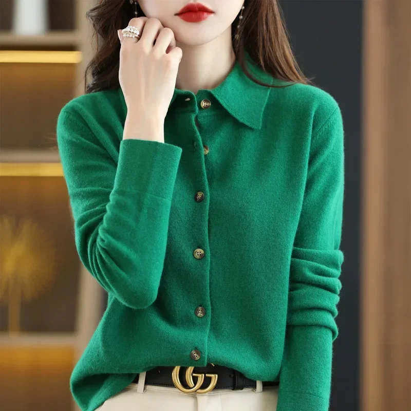 Fashion 100% Merino Wool Woman Sweater High Quality Long Sleeve Cardigan Polo-Collar Winter Clothing Knitwear Tops E1592