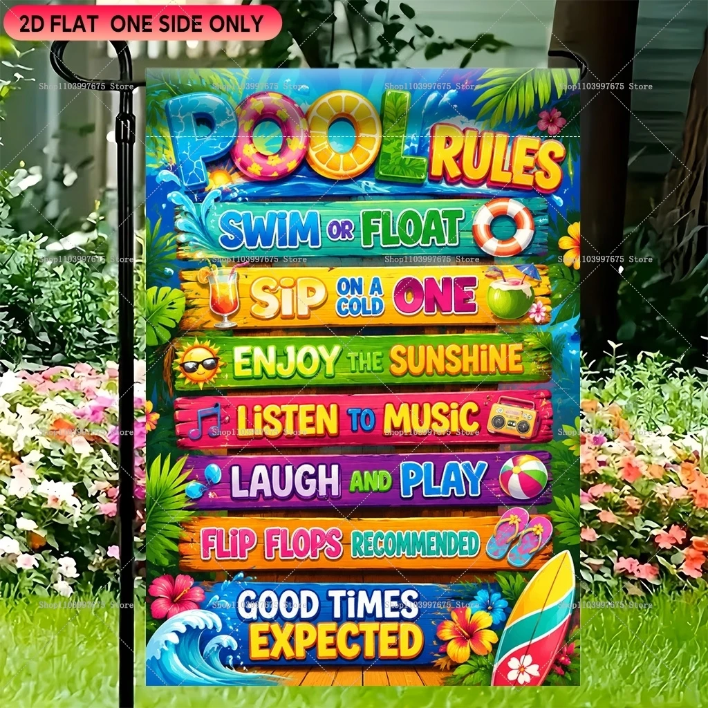 Drapeau de jardin 2D 1 pièce avec règles de piscine, décoration de fête 'Bonjour l'été', drapeau extérieur pour maison, ferme, cour, décorations de fête d'été