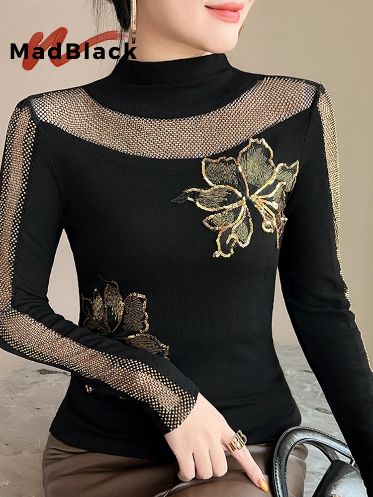 MadBlack-Women European T-Shirt, Sexy Mock Neck Embroidery Diamond, Retro Long Sleeve Slim S-3XL Knit Tee, 2026 Autumn T6O801CC