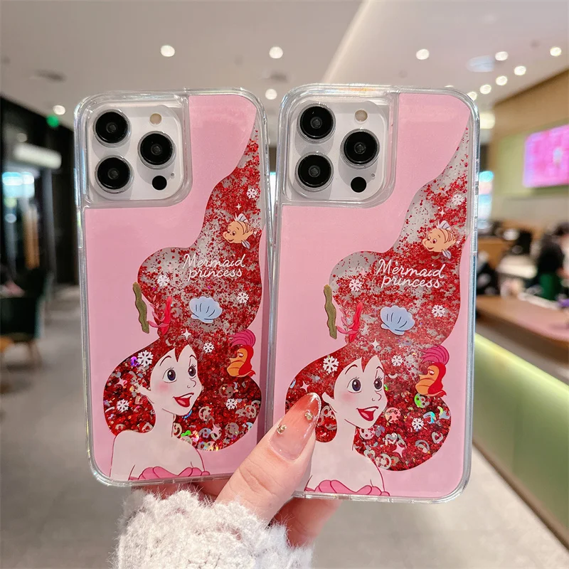 

Disney Cute cartoon Mermaid Rapunzel Princess Liquid Quicksand Bling Glitter Phone Case For iPhone 12 13 14 15 16 Pro Max Cover