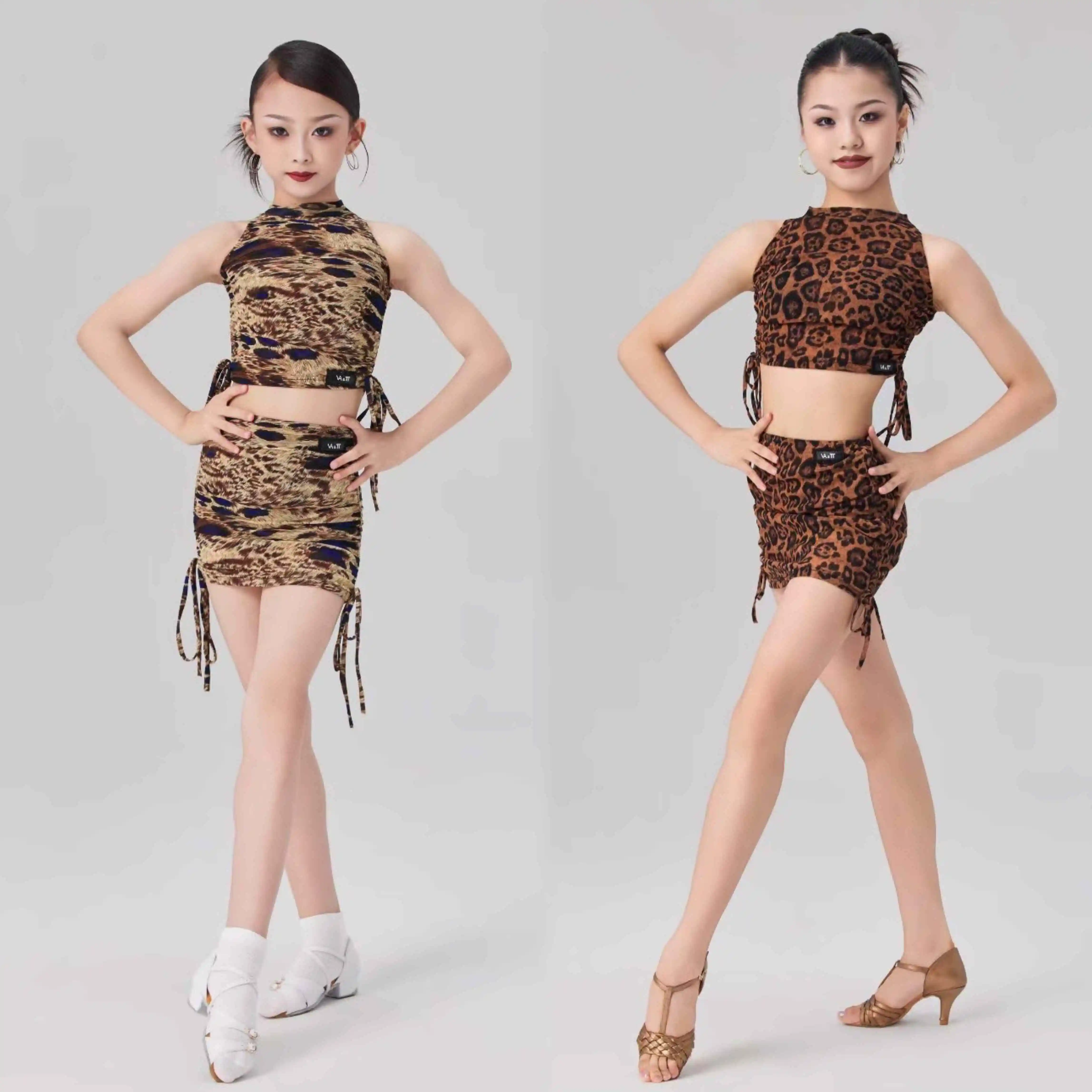 Filles danse latine Lothes sans manches léopard hauts jupe cordon ensemble Cha Cha Rumba danse pratique Performance vêtements DNV24743