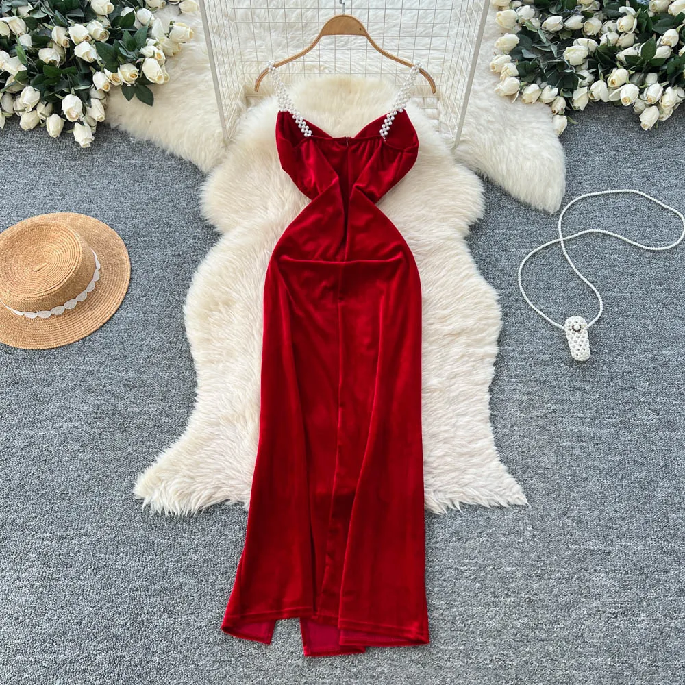 Chic vintage velour sleeveless Beading Elegant Fairy korean fashion Sundress women clothing Long dress