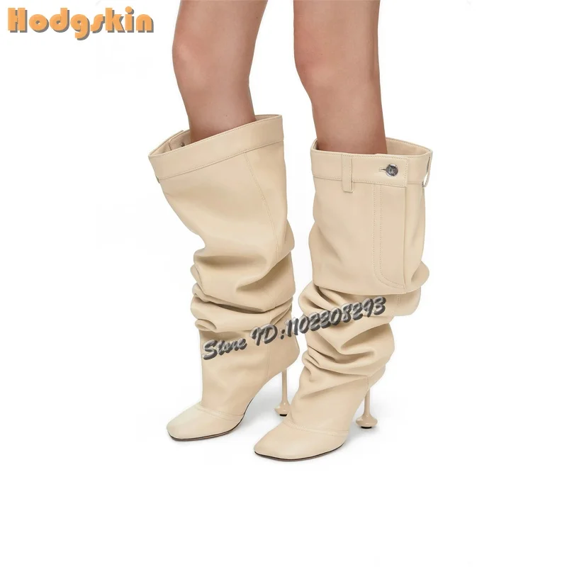 Beige Pleated Over Knee High Boots Square Toe Pocket Decor Strange Style Heels Boots Fashion Stiletto Dress Women Shoes 2026