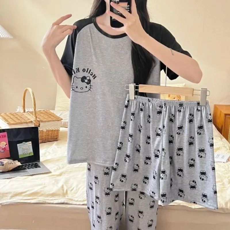 Conjunto de pijamas Kawaii HelloKitty para niñas, ropa de casa de manga corta, dibujos animados, Cinnamoroll Sanrio, se puede usar fuera, verano, tres piezas