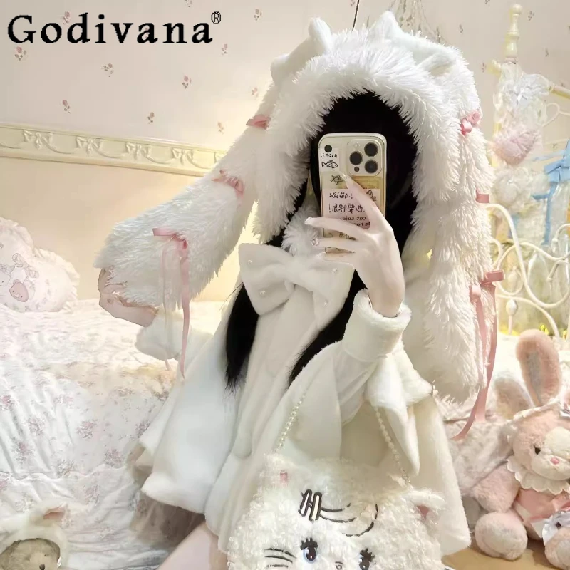 Japanese Sweet Lolita Hooded Cloak Winter New Girls Kawaii Rabbit Ears Bow Soft Loose Short Jacket Coats Women Y2K Capes Ponchos