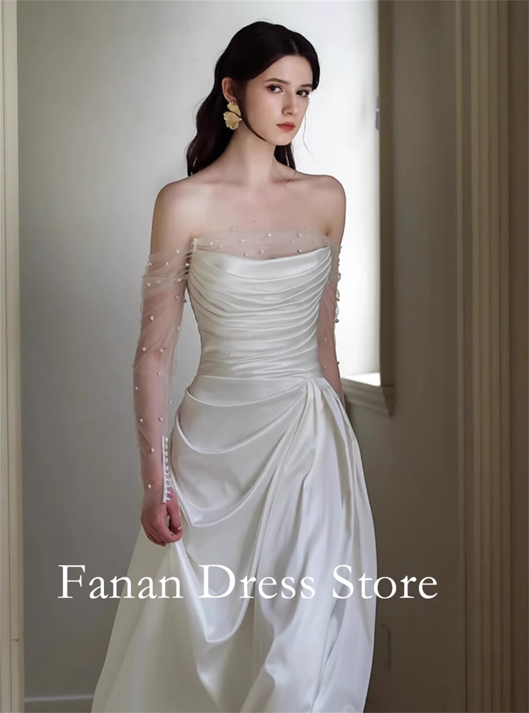 FANAN Korea Sheath Off the Shoulder Silk Satin Ruched Pearls Wedding Dresses 웨딩드레스 Ivory Customized Pretty  Bride Dress