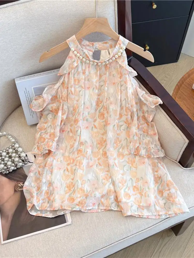 

Retro Women Pink Orange Flower Sleeveless Backless Halter Top Summer Sexy Off Shoulder Ruffles Short Sleeved Clothing Streetwear