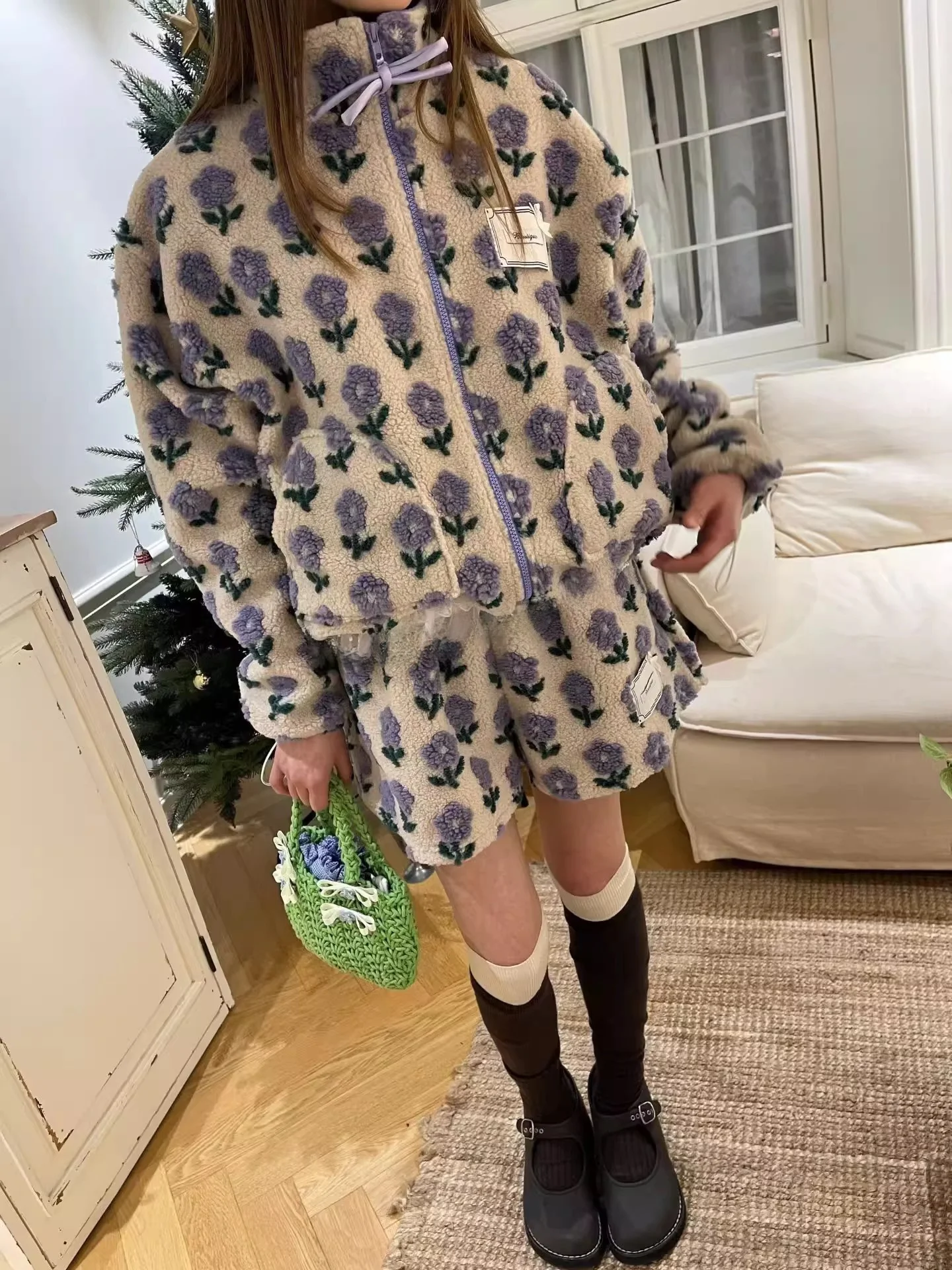 Retro Floral Print Lamb Fur Cotton Jaet Women's Autumn Winter High Waist Slimming Wide Leg ort Pants Two Piece Set