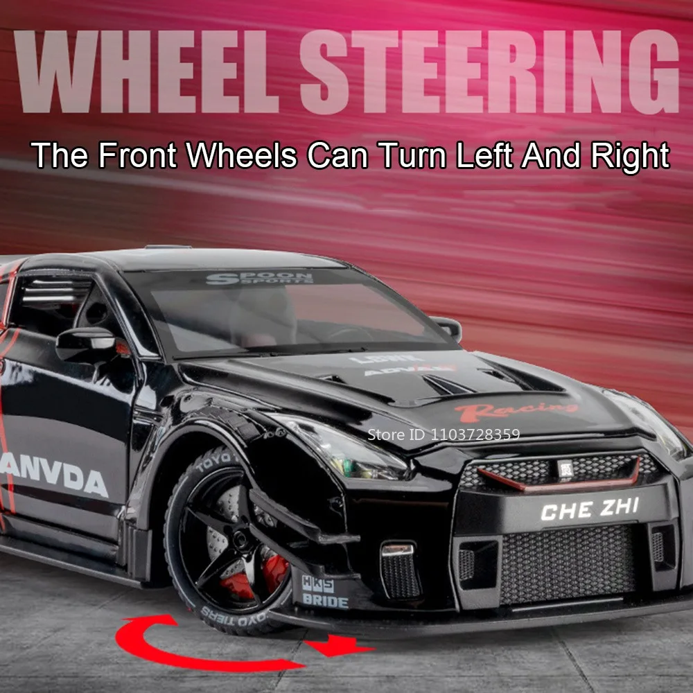 1:24 Spray GTR coches deportivos modelos de juguete aleación Diecast GTR-R34 supercares sonido luz puertas abiertas tirar hacia atrás coches de carreras regalos para niños