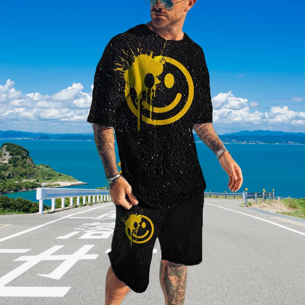 

2025 Summer Best-selling Irregular Printing Men's Short-sleeved Suit Casual and Comfortable Simple Trend Sports Two-piece Suit