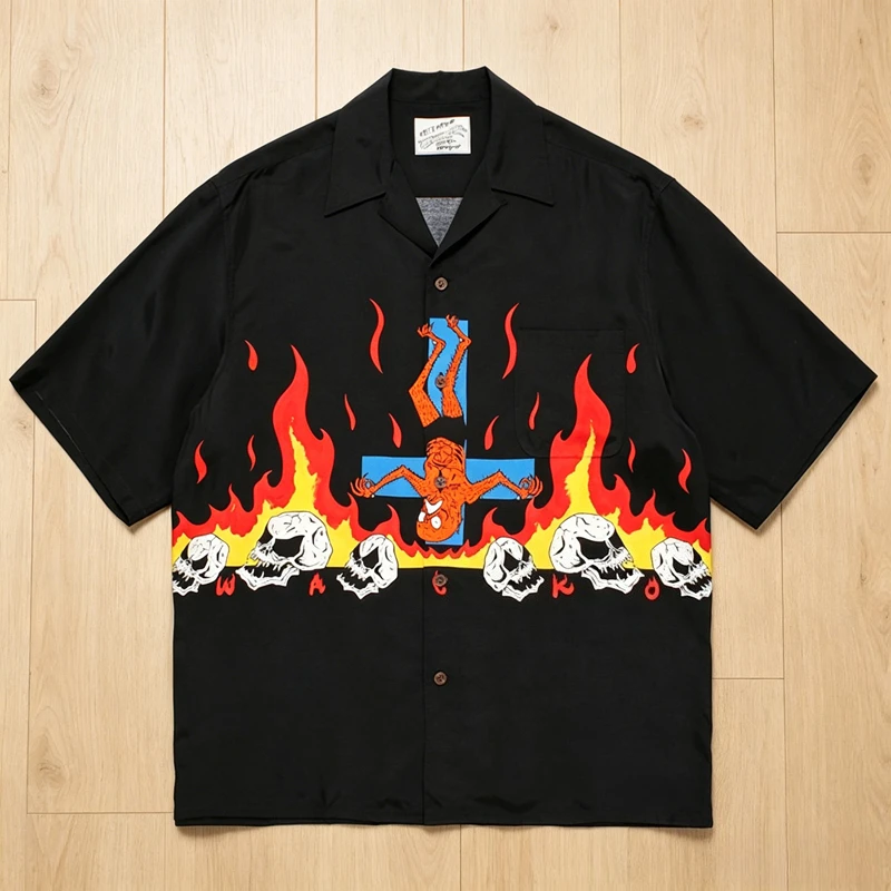 

WACKO MARIA Hawaii Shirt Streetwear Flame Skull Print Aloha Shirts Rock Vintage Short Sleeve