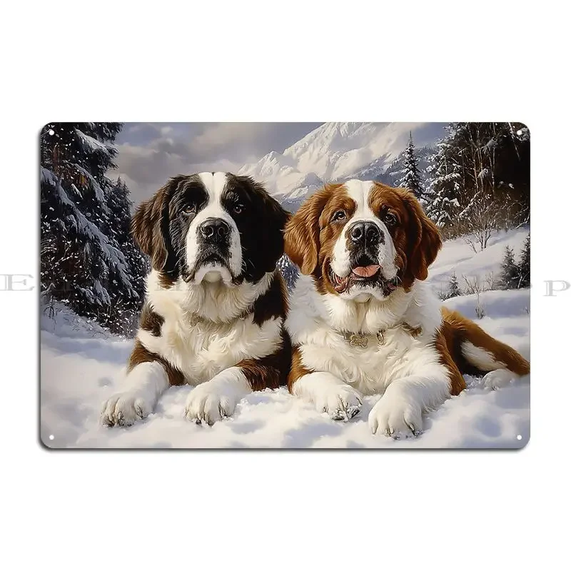 Two Saint Bernards In Snow Metal Plaque Poster Personalized Club Mural Custom Cinema Tin Sign Poster