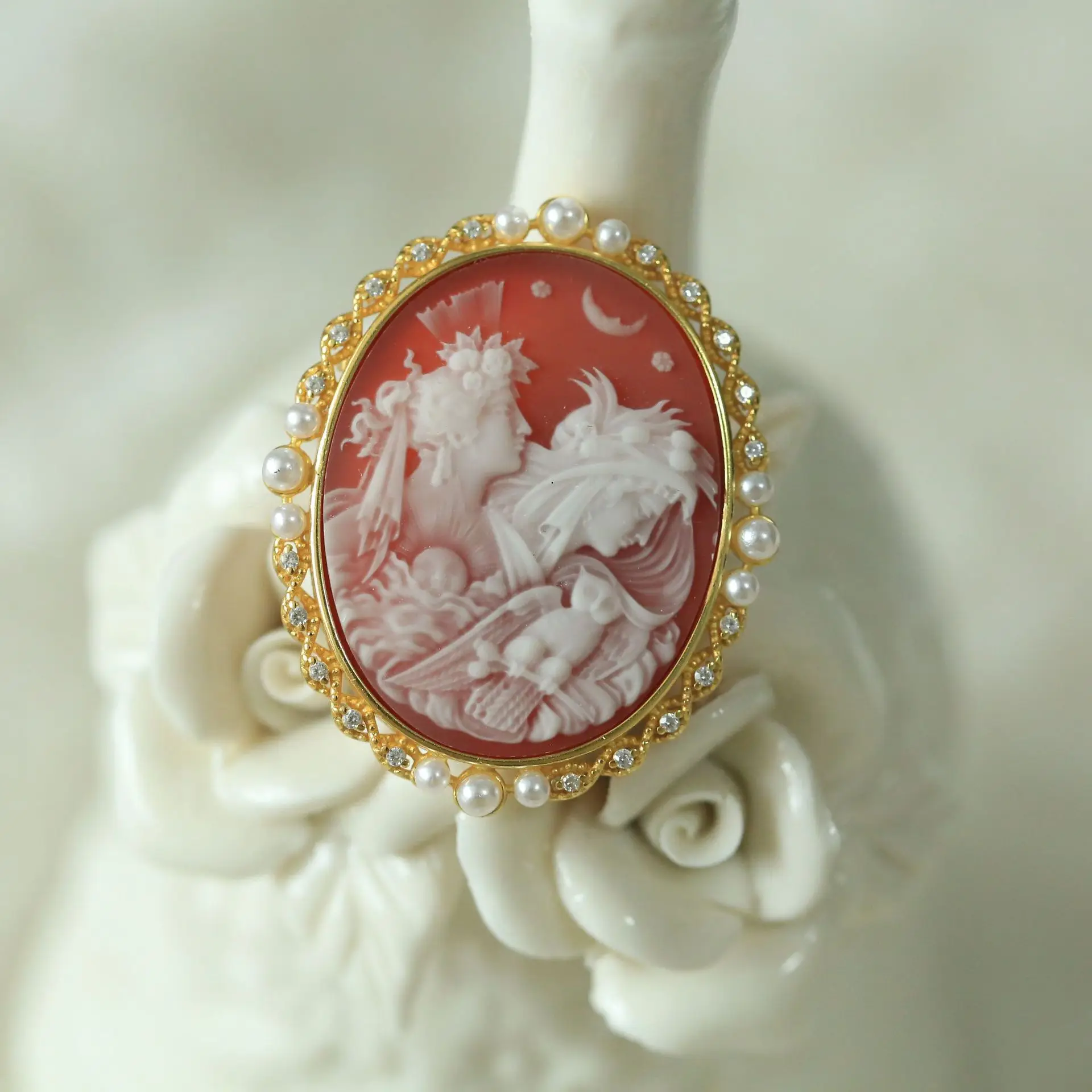 Sterling Silver Agate Cameo Brooch Pendant Dual Use Sun and Moon God