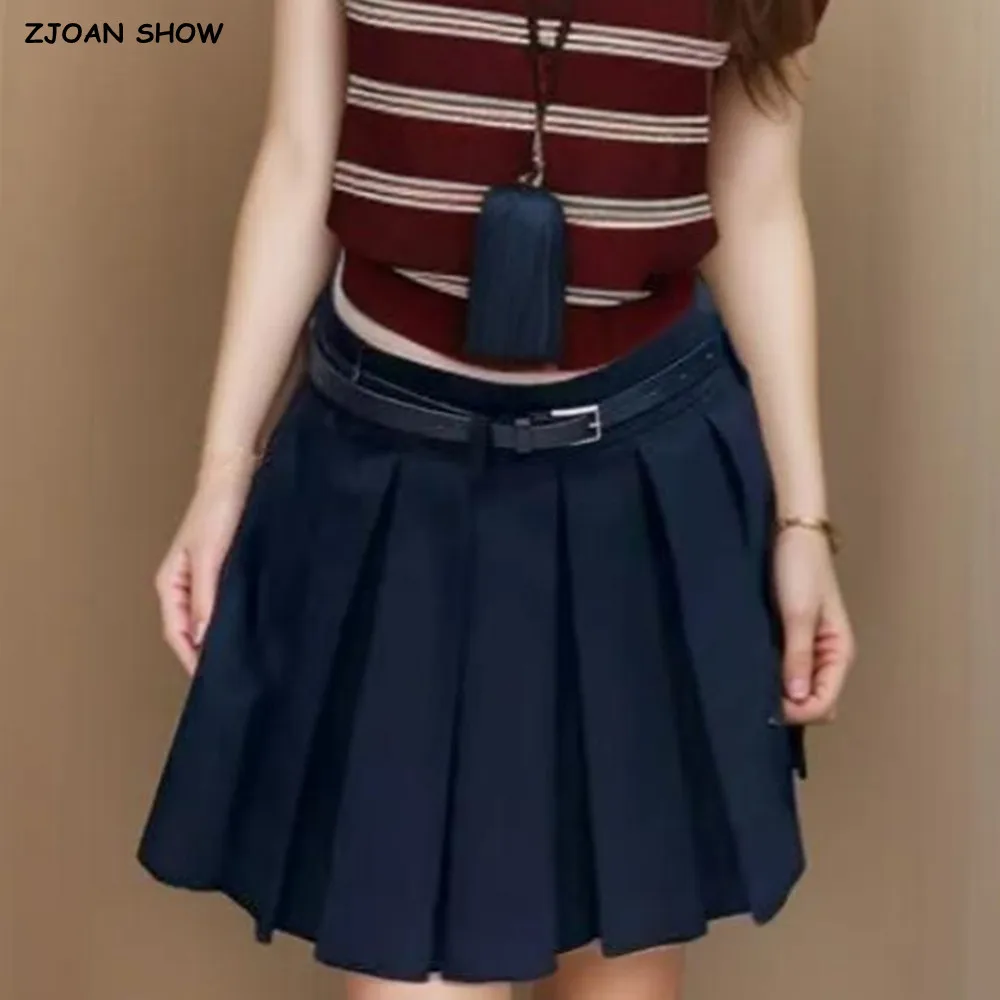 

2 colors 2025 Preppy Women High Waist With Belt Mini Pleated Skirt The Spice Girls Ruched Hem Swing Short Skirts Side Zipper