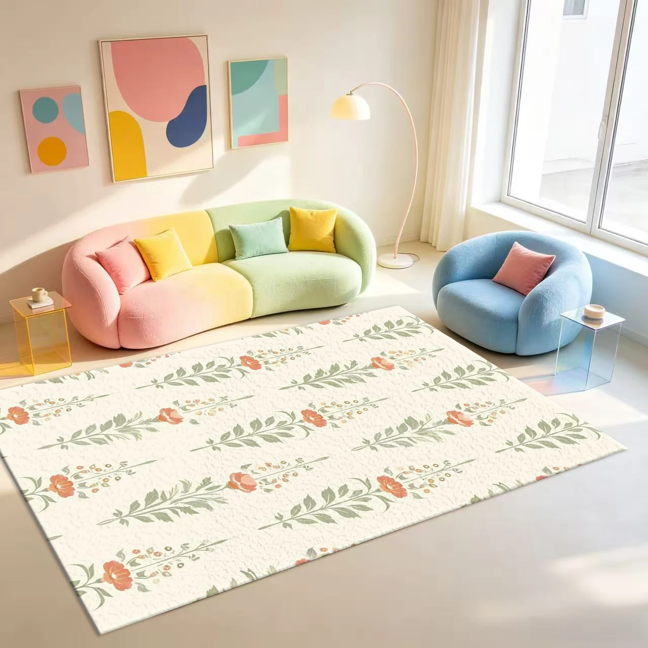 Vintage Vertical Floral Pattern Carpet Floor Mat Cream-Colored Background Plant Pattern Home Floor Carpet