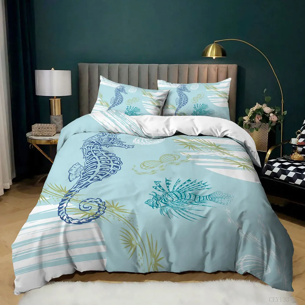 Ocean Bedding Set King/Queen Size Nautical Coastal Bedding,hippocampus Comforter Cover For Kid Boys Girls,Sea Animal Duvet Cover