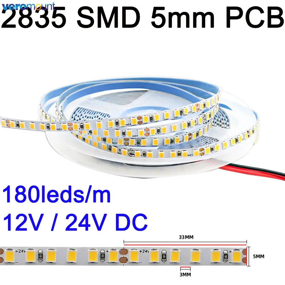 Fita flexível LED Strip Lamp para decoração de casa, lâmpada branca fria e quente, CRI80, PCB 2835 SMD, DC 5mm Largura, 180LEDs por m, 12V, 24V,