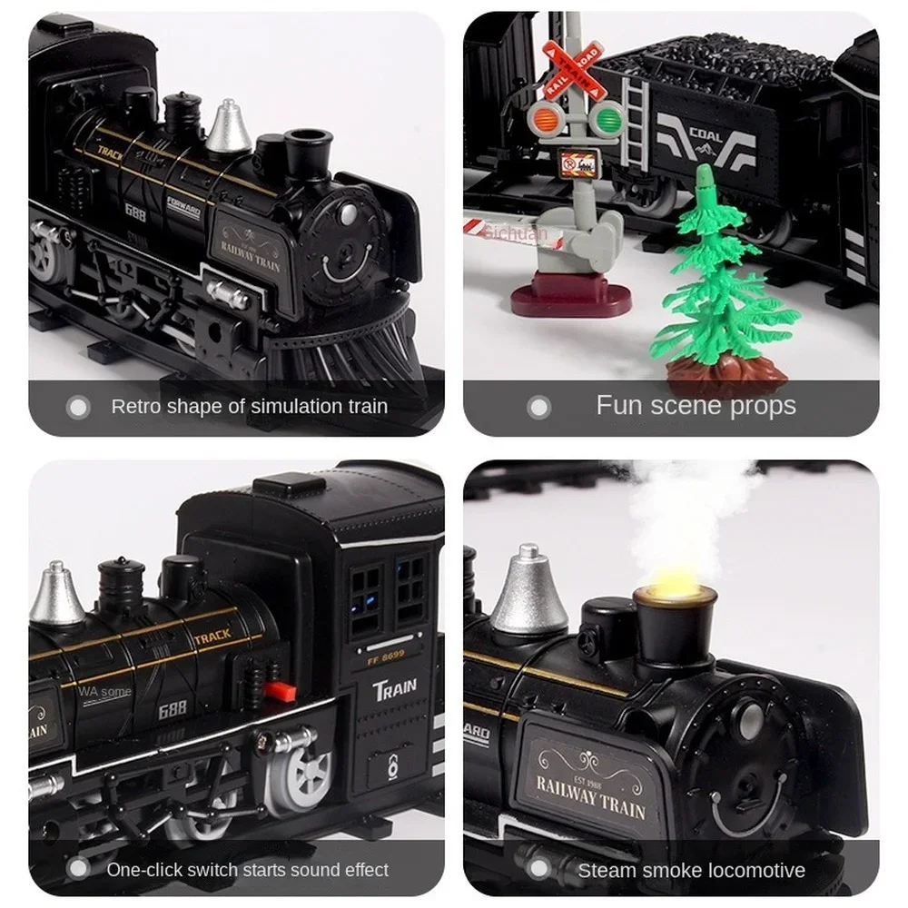 محاكاة قطار البخار نموذج السكك الحديدية الكلاسيكية السكك الحديدية الشحن القطار الكهربائي لعبة تعقب الصبي مع هدية الأطفال الدخان