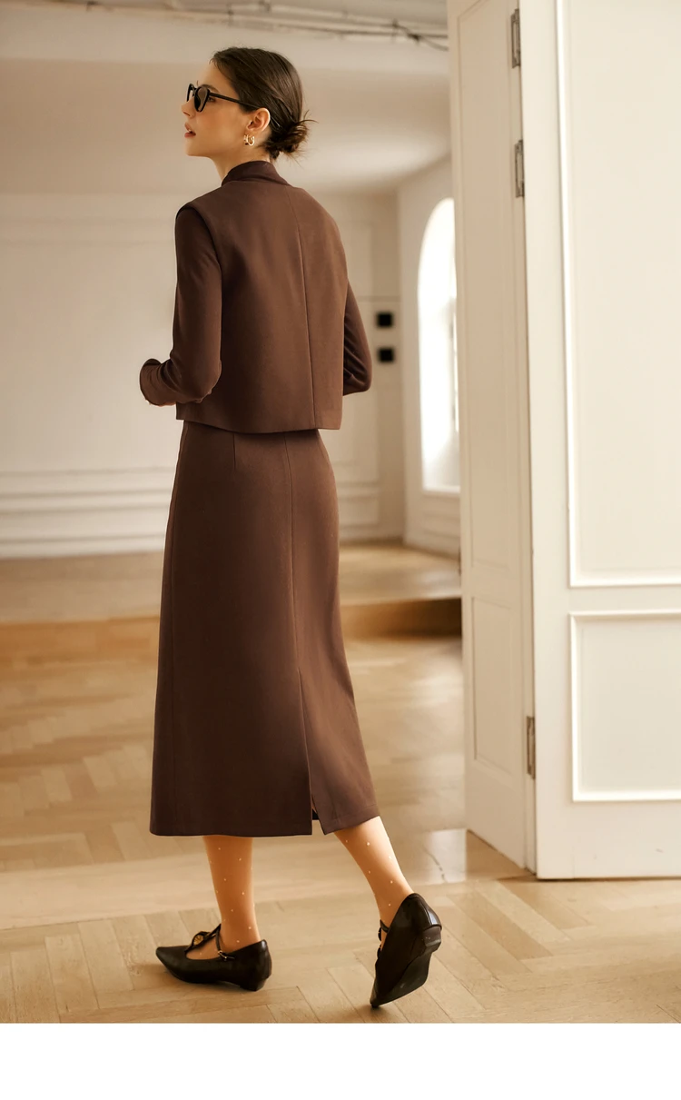 OLrain French Skirt Set 2025 Autumn Solid Turtleneck Top Asymmetric Placket Vest Straight Long Skirts Three-piece Set O56DE95363