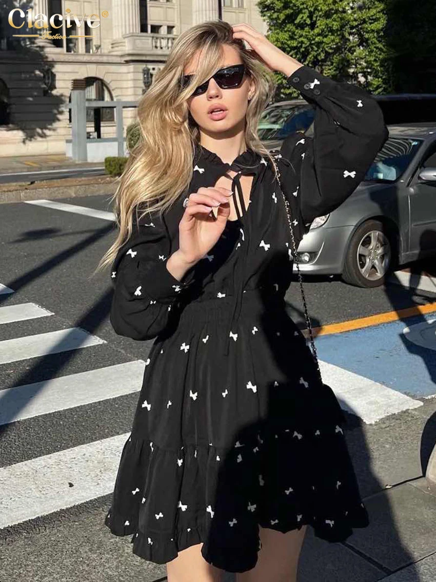 Clacive Fashion Loose Print Women\'s Dress Casual Ruffle Collar Long Sleeve Mini Dresses Elegant High Waist Pleated Female Dress