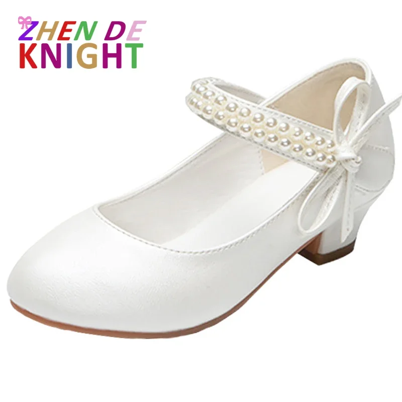 Girls High Heel Shoes For Kids Pearl Teen Crystal Party Princess Shoes Child Wedding Formal Leather Sandals Girls Footwear Party