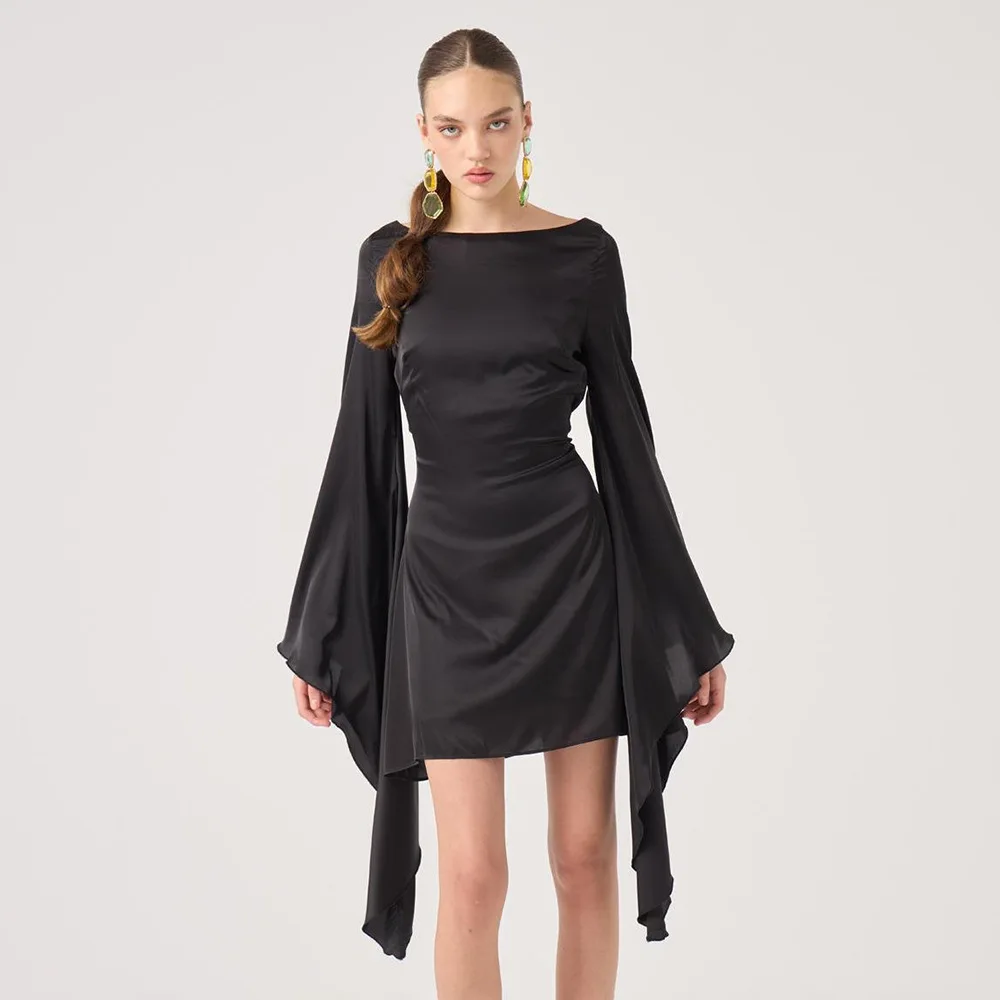 فستان قصير مناسب لخريف وشتاء 2025 من الساتان بدون ظهر للنساء بلون سادة وربطة عنق على شكل حرف U وأكمام تشبه جناح الخفّاش أنيق ومثير للحفلات #5