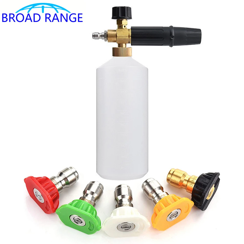 

High Pressure Washer Snow Foam Cannon With 1/4 Quick Connector 1 Liter 5 Nozzle Tips Car Truch Bike Cleaning Tool Accessory