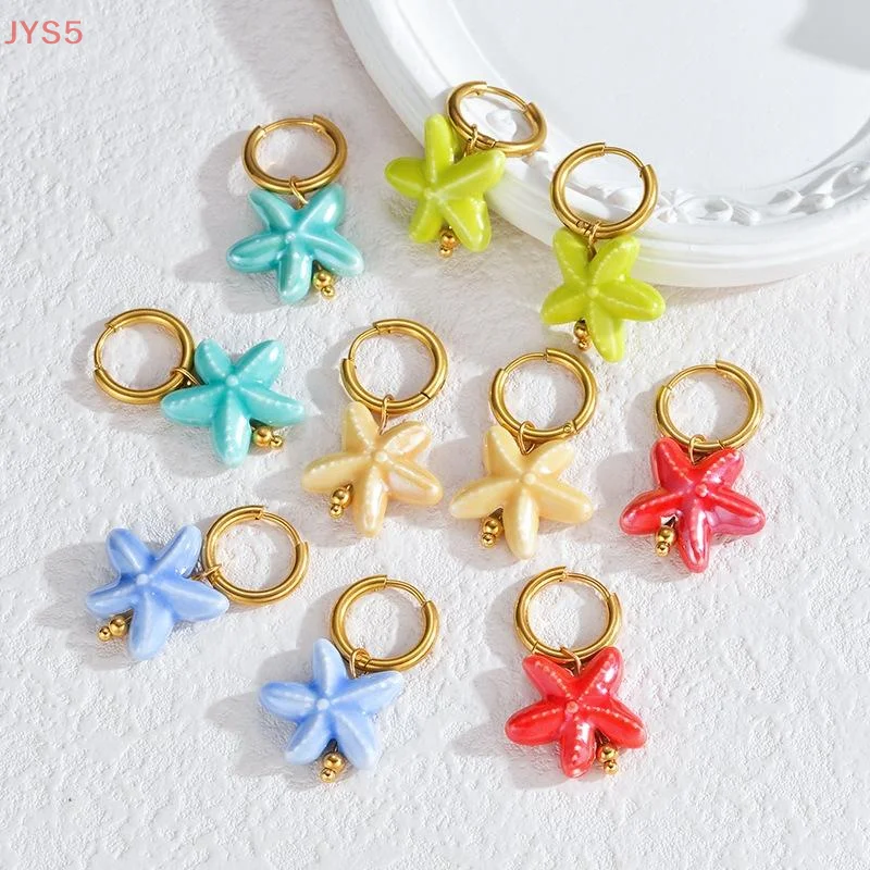 1 Pair Ocean Vacation Style Stainless Steel Earrings Summer Small Fresh Design Starfish Turtle Ceramic Earrings