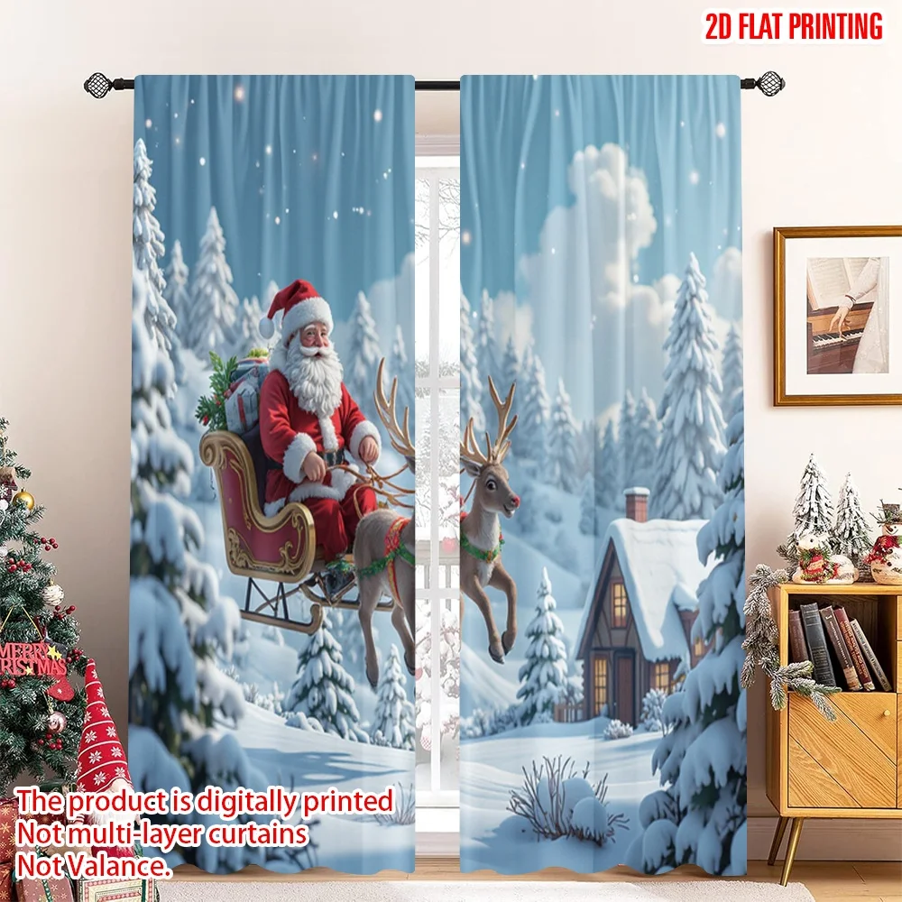 

2pcs 2D flat printing Merry Christmas Party Curtains Santa Sleigh Christmas Rabbits Polyester Without Electricity Party &