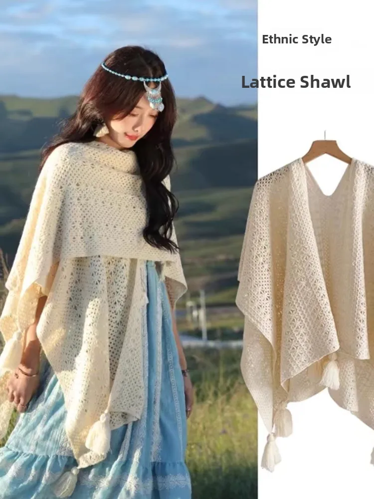 

Knitted Hollow out Tassel Cowl Neck Shoulder Wrap Bohemian Holiday Style Fashionable Versatile Women's Summer Scarf 2025 New ...
