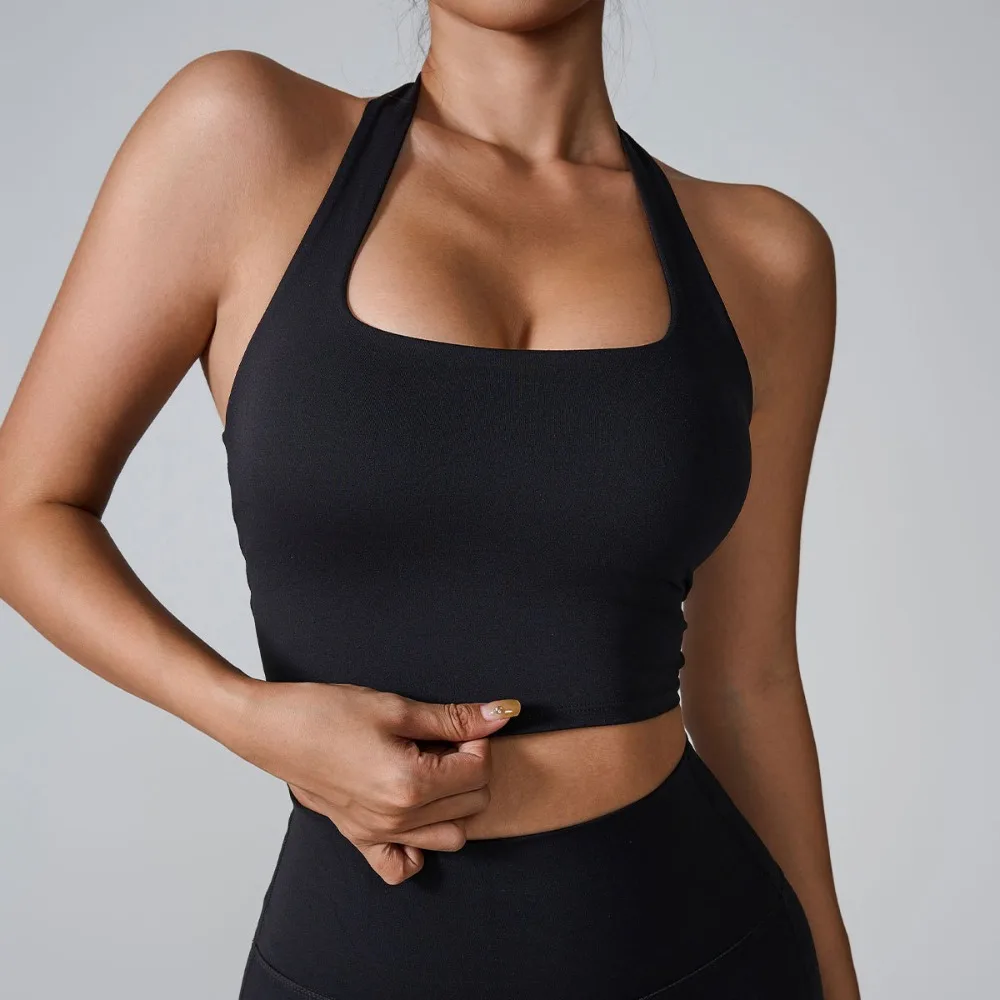 

Elegant Design Hanging Neck Strap Sports Bra Pleated Back Breathable Fabric Backless Sportswear Comfortable Adjustable Strap