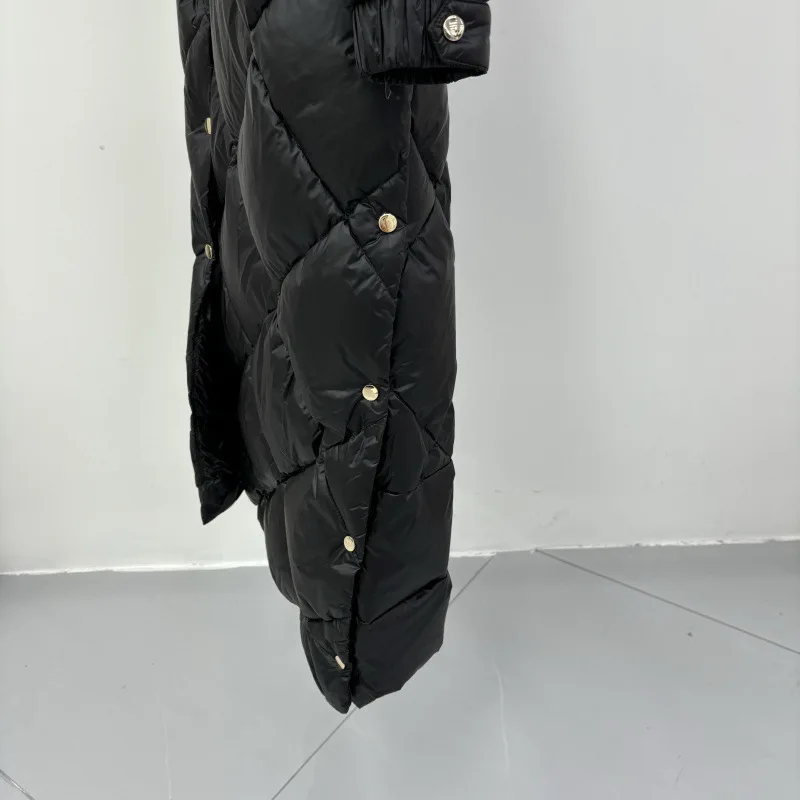 Schinteon Women White Duck Down X-Long Jacket Autumn Winter Warm Office Lady Outwear with Hood Belt Argyle Fashionable Coat 2025