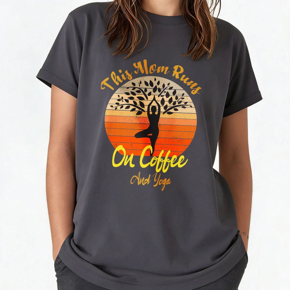 Women Cotton Crew Neck T Shirt This Mom Runs on Coffee and Yoga Retro Sunset Tree Yoga Pose Graphic Print Mother Gift Casual Tee