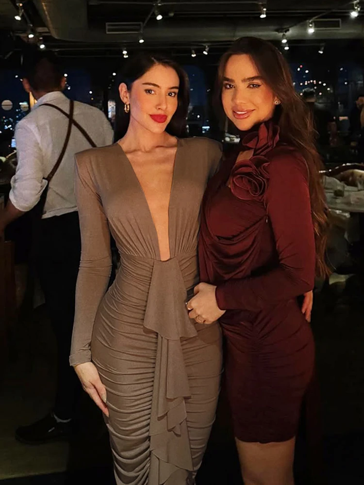 Sukienka maxi Nibber z marszczeniami, głęboki dekolt w serek, długi rękaw, seksowne falbany, wstążka, na nocną imprezę, studniówkę, hipsterska, obcisła, elegancka, vestidos