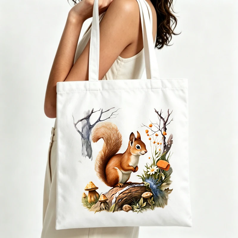 squirrel graphic canvas tote bag with nature design, ideal for daily shopping and casual outings