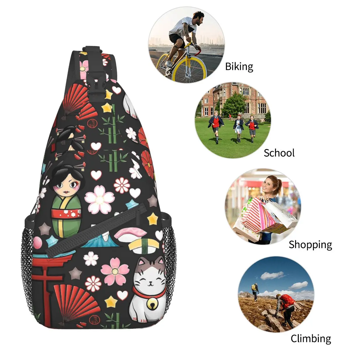 Maneki Neko Lucky Cat Sling Bag Chest Crossbody Shoulder Backpack Hiking Travel Daypacks Kokeshi Kawaii Casual Pack