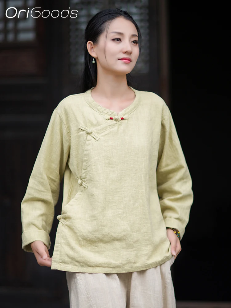 

OriGoods блузка с длинным рукавом в китайском стиле, осень 2025, новая хлопковая рубашка Ramie с длинными рукавами, женские топы в национальном стиле в стиле дзен B328