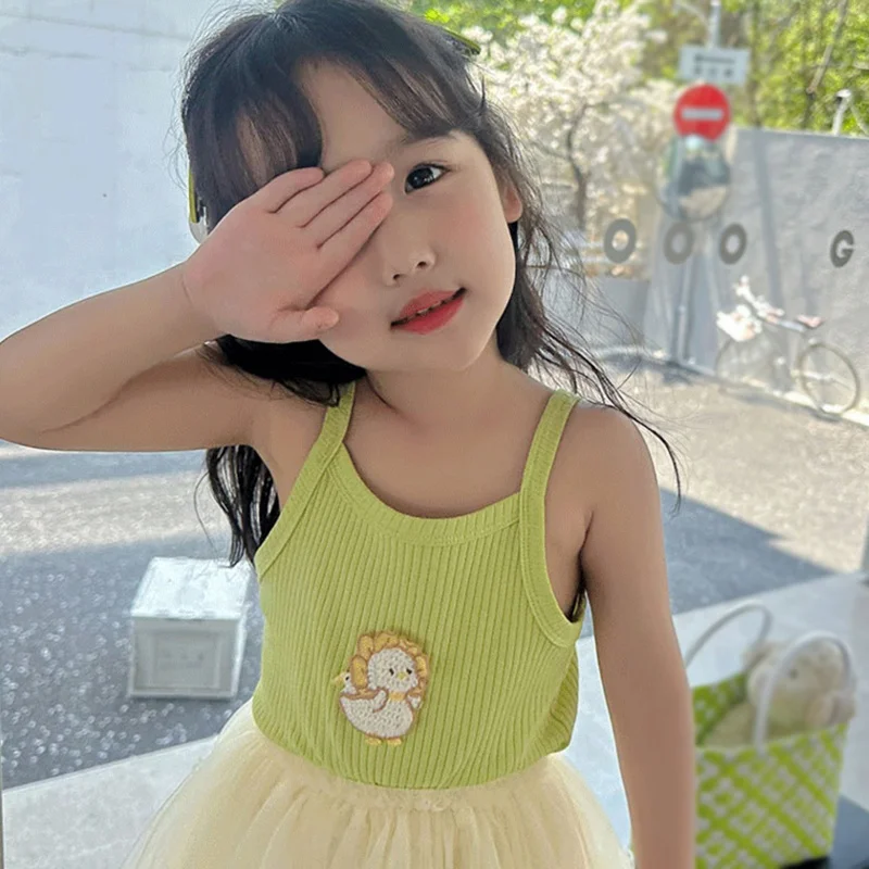 Summer Tank Tops For Girls Cartoon Print Cotton Toddler Short Sleeve Kids Underwear Beach Girl Vest Casual Child Clothes 3-8Y