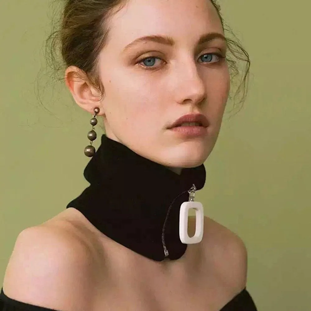 Elastic Knitting Fake Collar Fashion Detachable Neck Protector Fake Collar Ring Big Buckle Zipper Thread Y2K Windproof Scarf
