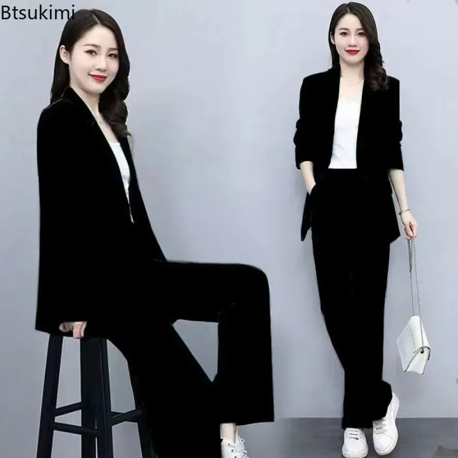 2024 Women\'s Formal Office Pants Sets 2PCS Solid Single Breasted Pocket Blazer Jacket and Pants Sets Elegant Ladies\' Suit Sets