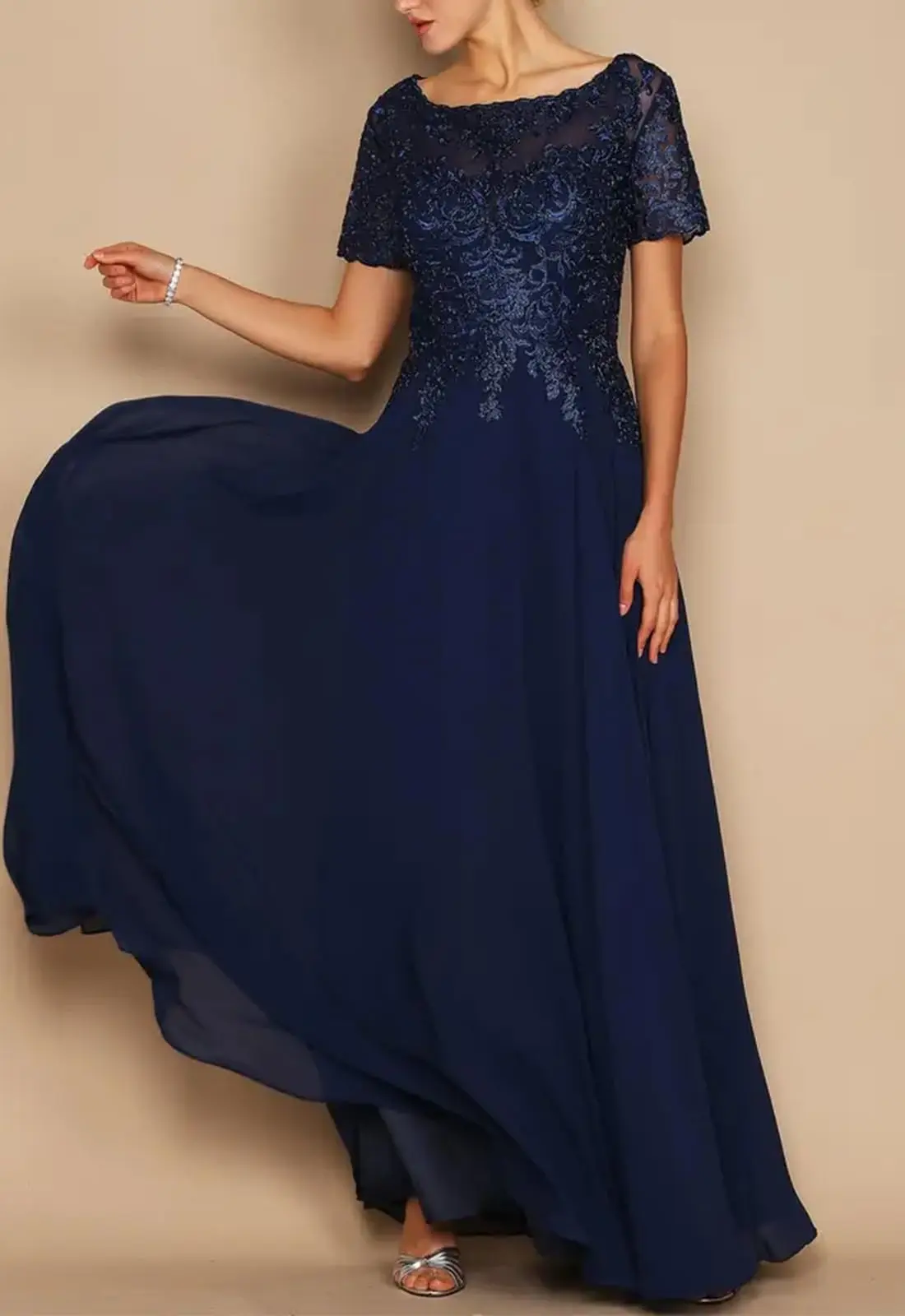 Vestidos para madre de la novia de manga corta para boda, vestidos de gasa para madre del novio, vestido Formal de encaje con cuello barco