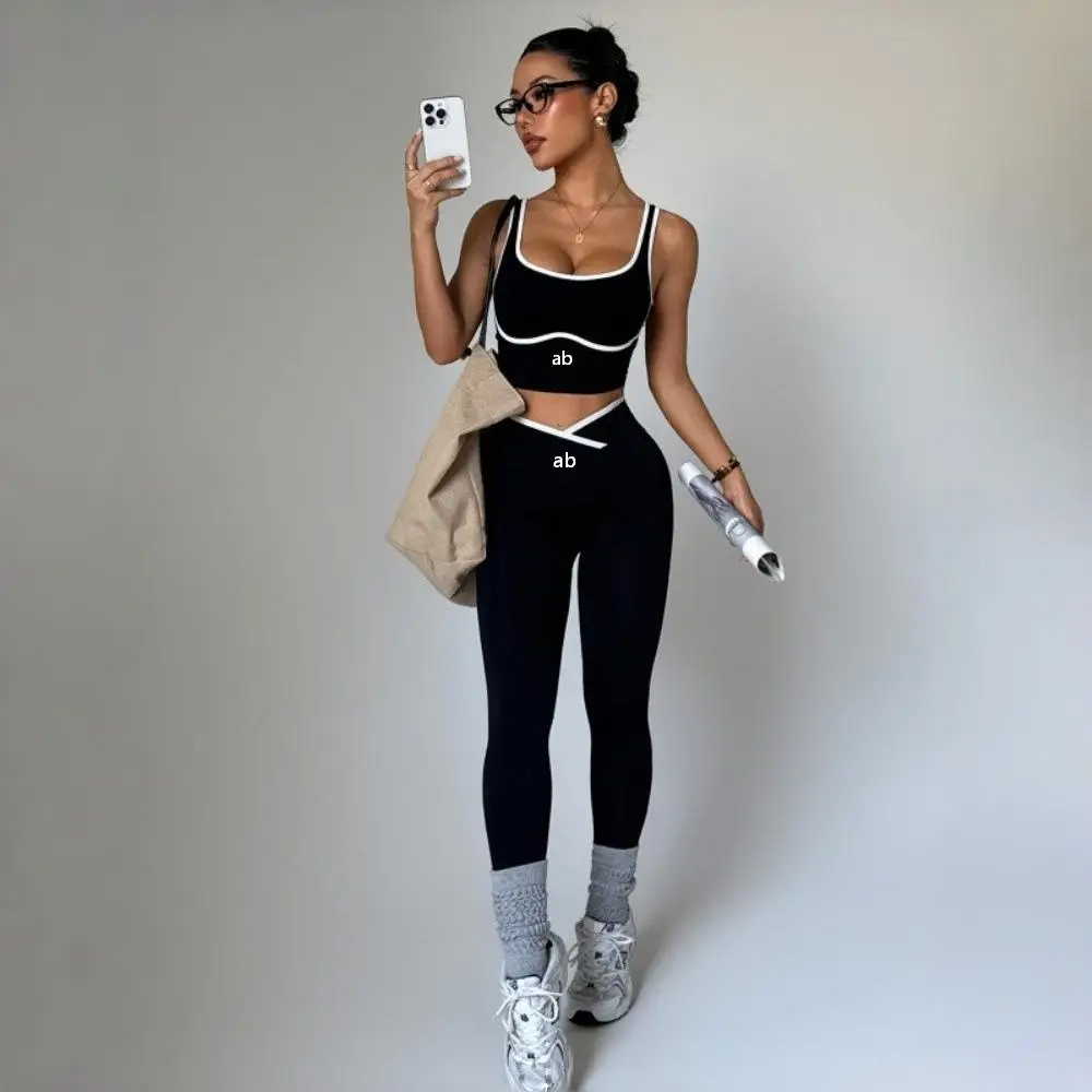 Contrasting-color sports yoga set - tight cross-waist yoga pants with high waist for toning buttocks and fitness yoga wear