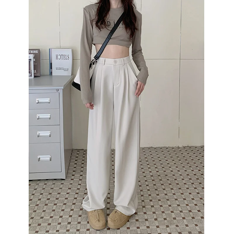 Grey Black Straight Suit Pants Women's Spring And Autumn Elastic Waist Loose Office Lady High Waist Trousers Wide Leg Pants