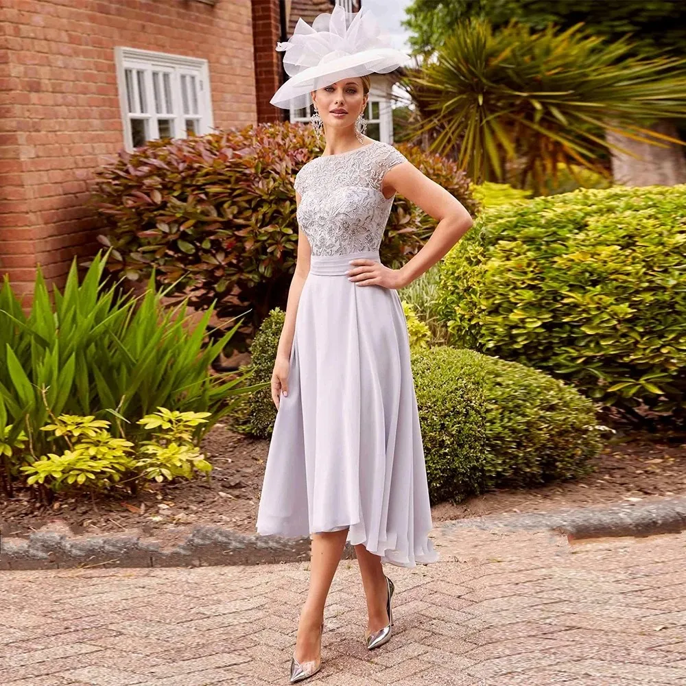 Classic Silver Mother of The Bride Dress 2026 Boat Neck Lace Appliques Beads Chiffon A-line Tea Length Wedding Mom Guest Party